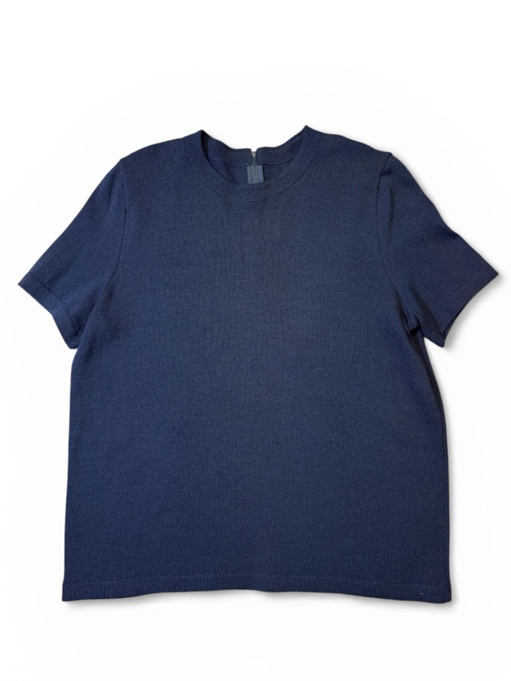 St. John womens L Large navy blue short sleeve crewneck wool zip top EUC